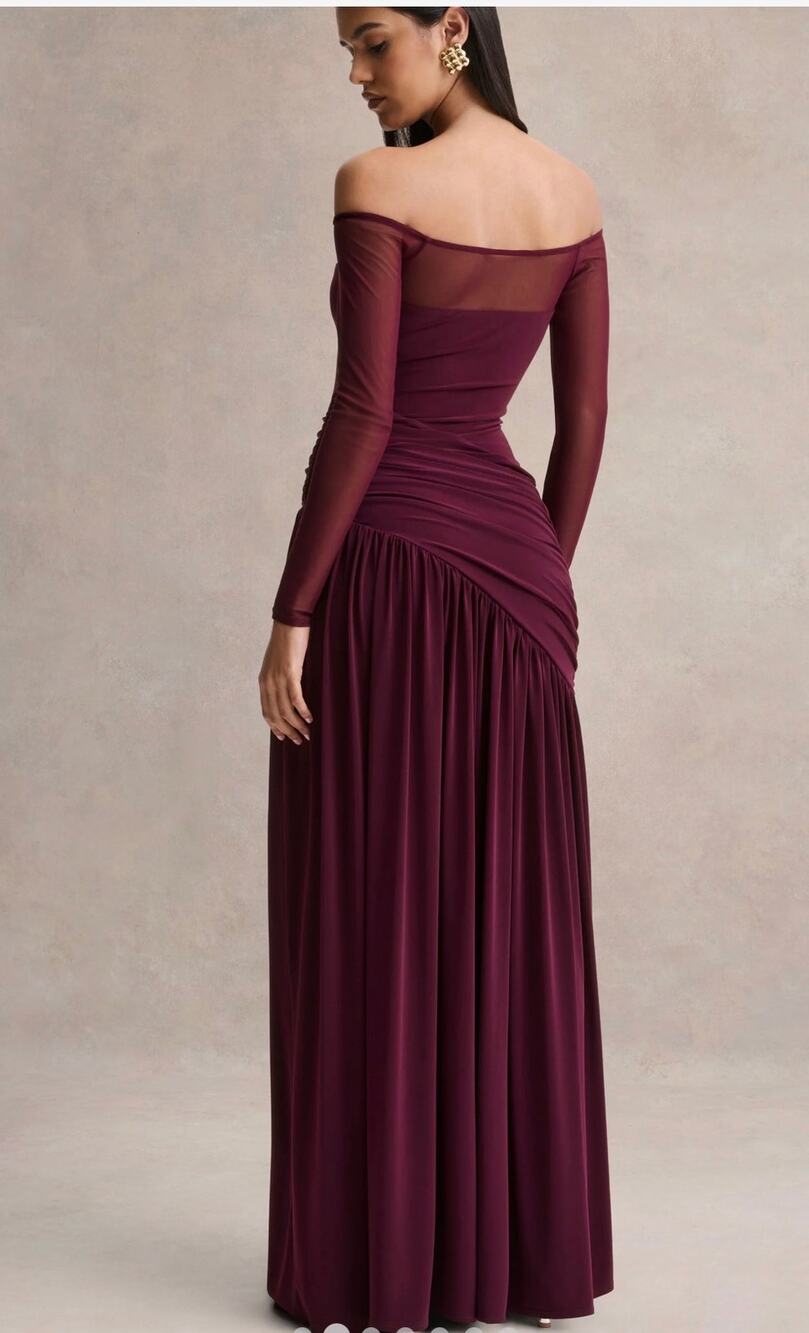 NWT Club London Bexley Dark Plum Off Shoulder Mesh Sleeve Ruched Maxi Dress